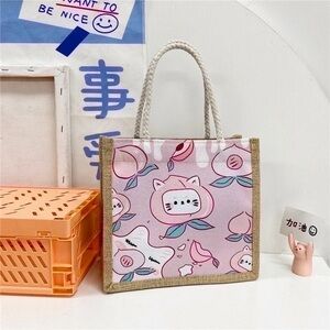 Pink Cat Print Medium Summer Canvas Cute Tote Bag